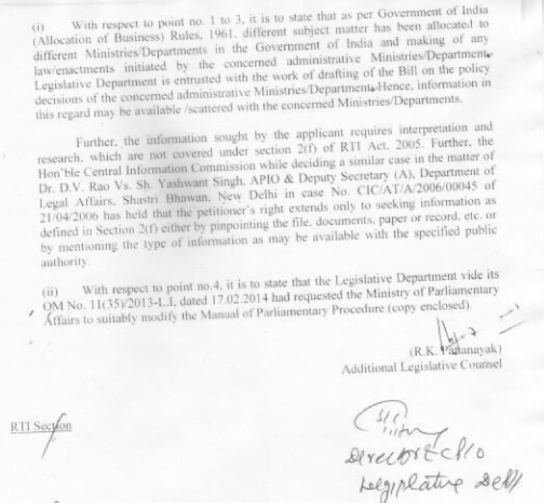 RTI response for legislative department