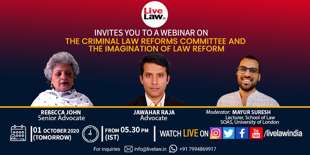 [Tomorrow, 5:30 pm] Webinar On The Criminal Law Reforms Committee And The Imagination Of Law Reform