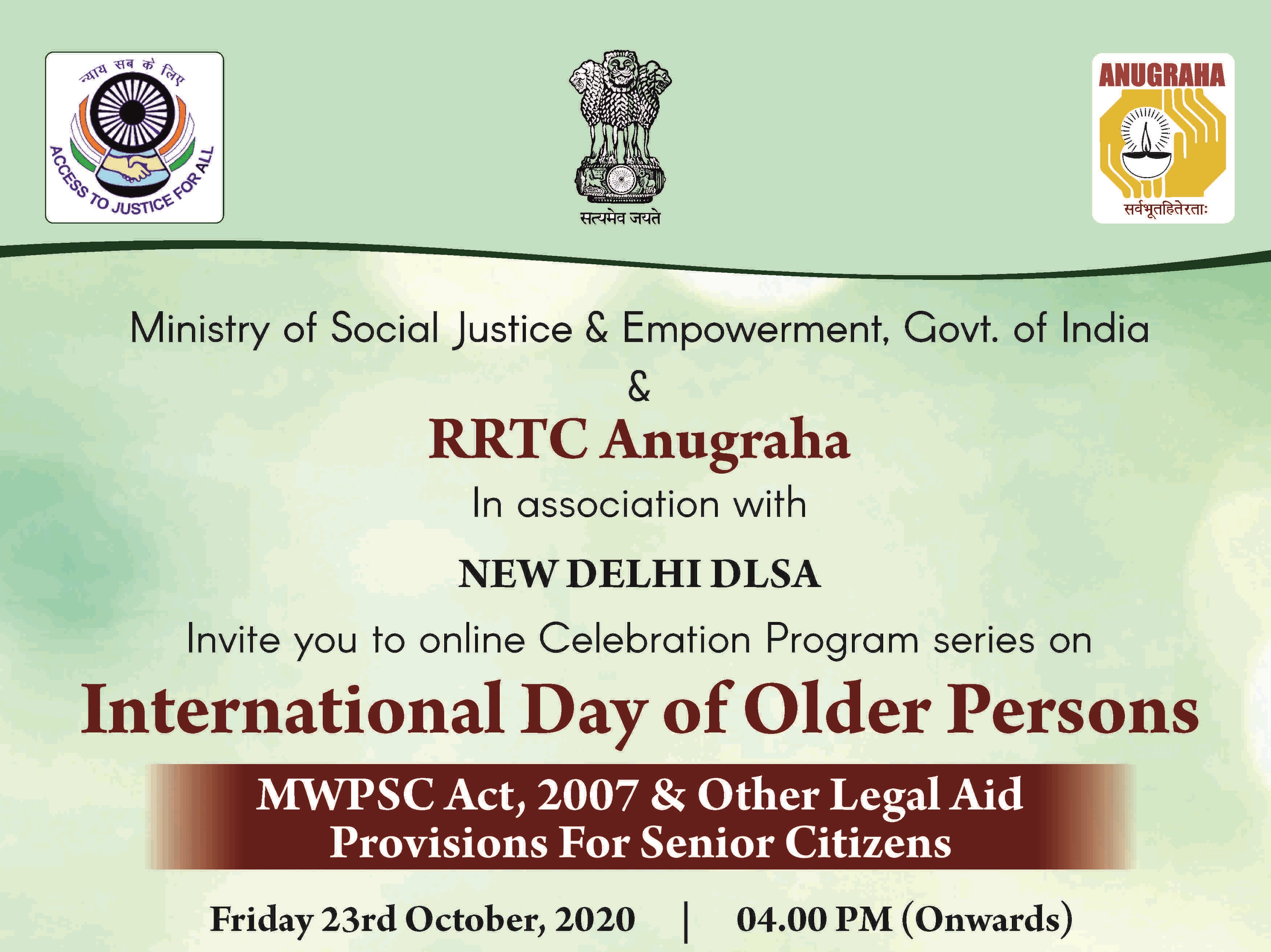 MSJE & Anugraha Event: MWPSC Act & Legal Aid Provisions For Senior Citizens [23rd Oct]