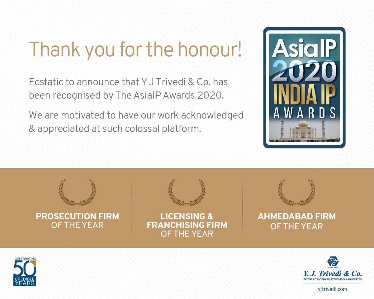 Y.J Trivedi & Co Awarded By AsiaIP 2020 India IP Awards