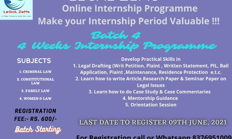 Legal Zems Online Internship Programme 2021 [Register By 9th June 2021]