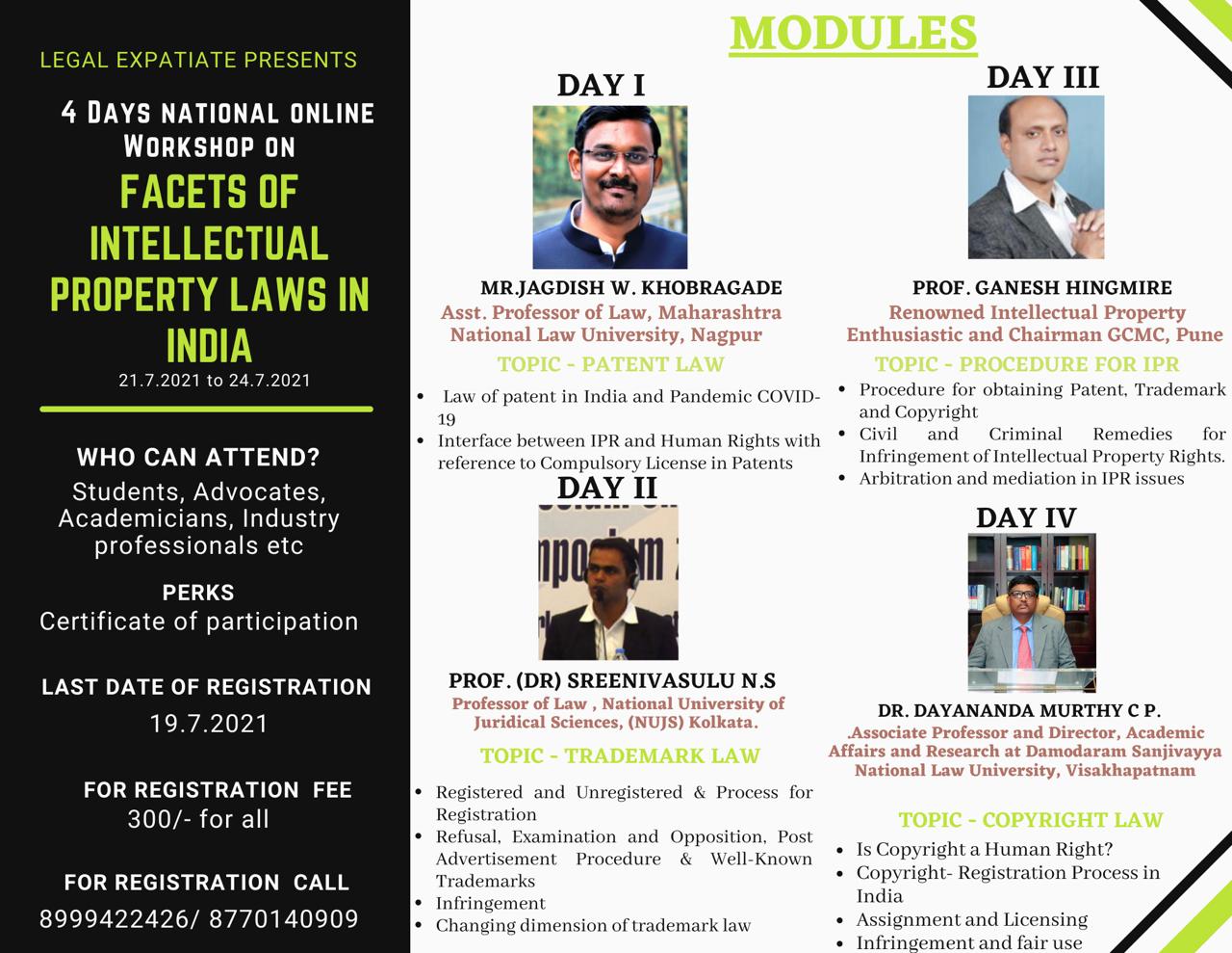 Legal Expatiate: 4 Days Online National Workshop On Facets Of Intellectual Property Laws In India [Register by 19.7.2021]