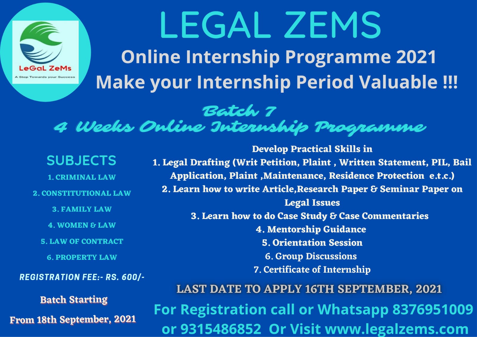 Legal Zems: Online Internship Programme 2021; Batch- 7th [18th September 2021 To 18th October 2021]