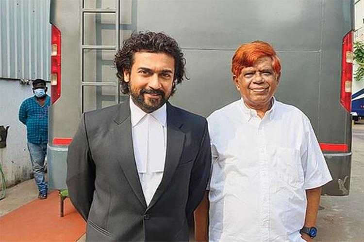 Actor Suriya with Justice K Chandru during the shooting of the movie