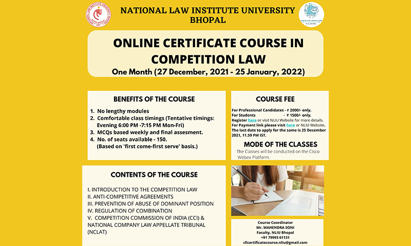 NLIU Bhopal: Certificate Course On Competition Law [27 December 2021 - 25 January 2022]