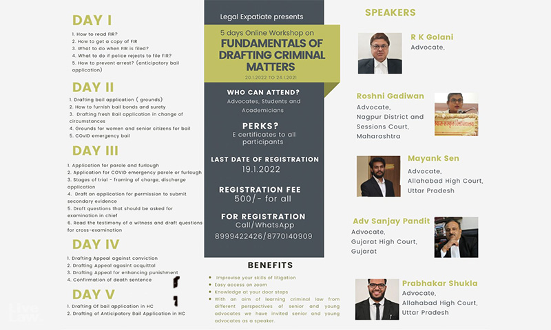 Legal Expatiate: 5 Days Online Workshop On Fundamentals Of Drafting Criminal Matters [Register By 19.1.2022]