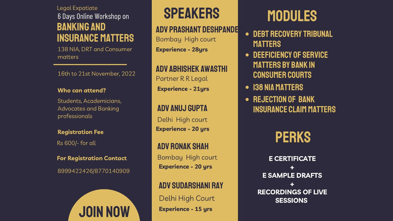 Legal Expatiate: 6 Days Online Workshop On Banking And Insurance Matters [16th To 21st Nov, 2022] [Register by 16th November]