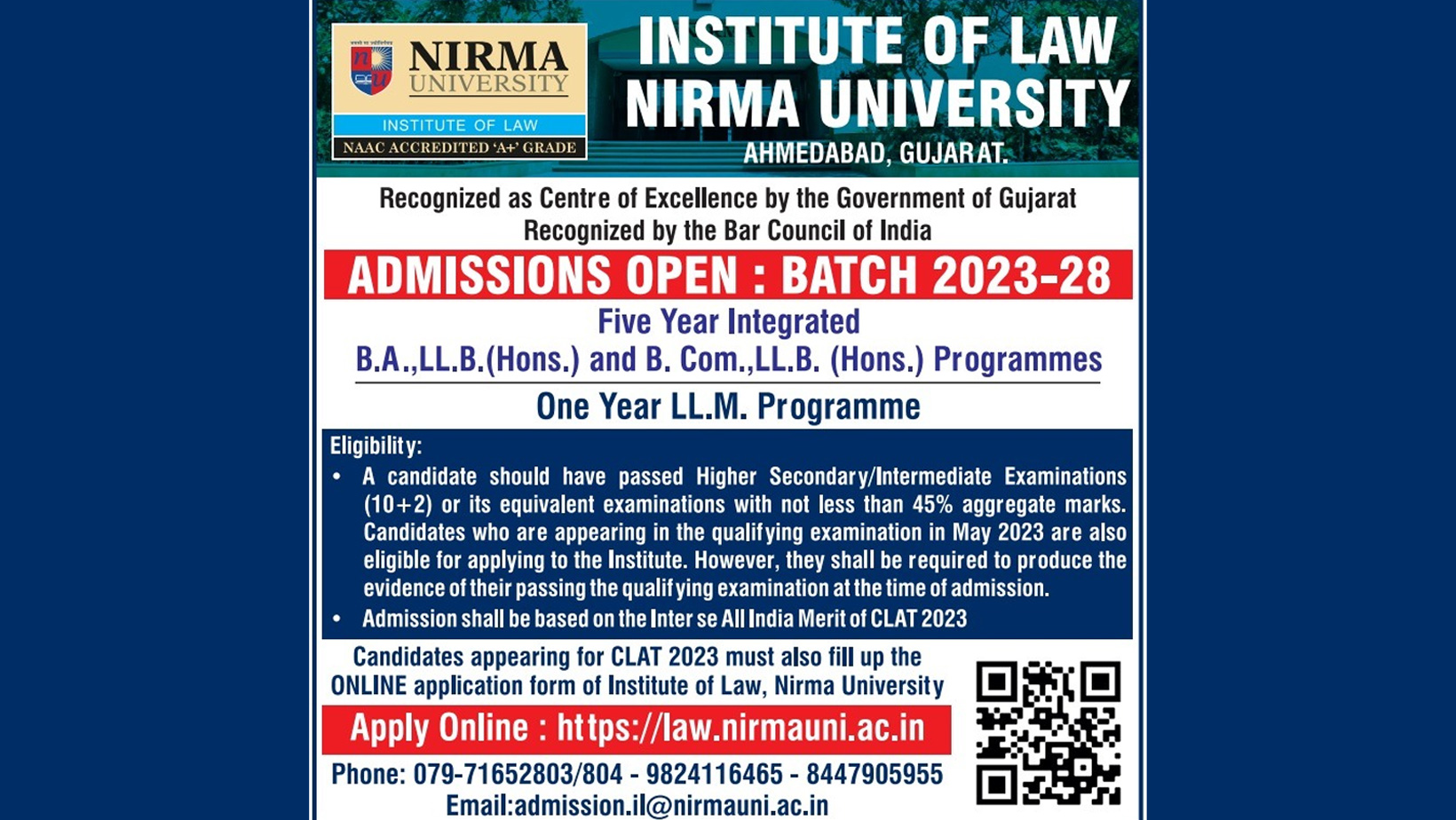Institute of Law, Nirma University: Admission Notification [Batch 2023-28]