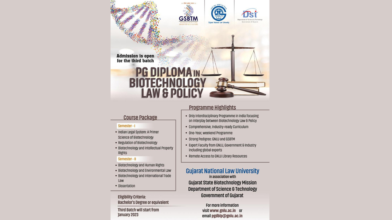 GNLU, PG Diploma, Biotechnology, Law And Policy