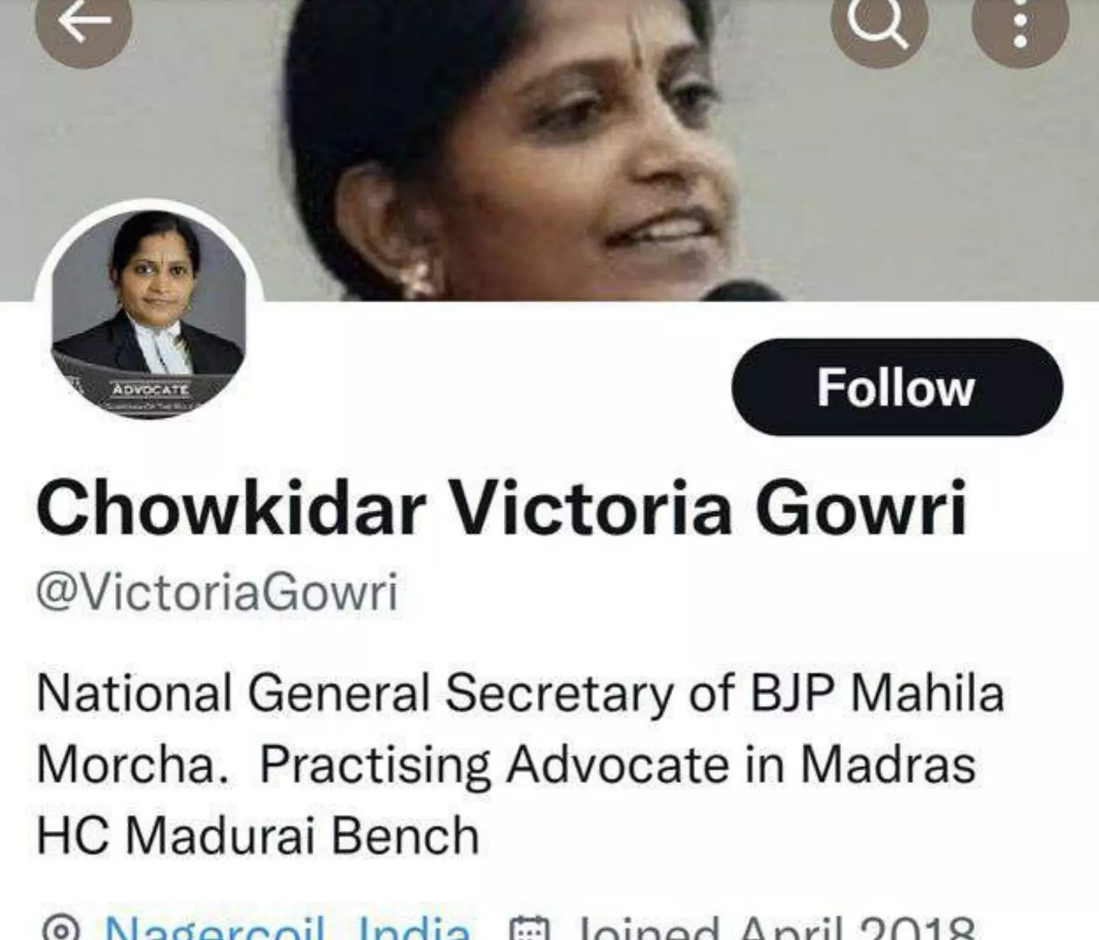 Screenshot of purported Twitter account of Victoria Gowri (now deactivated), which has been annexed in the representation.