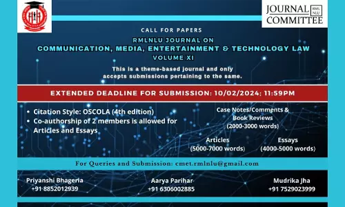 Call For Papers: RMLNLU, Journal On Communication, Media, Entertainment & Technology Law [Volume 11]