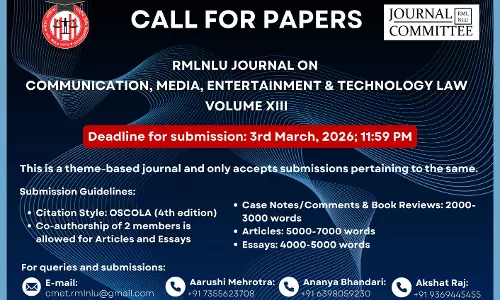 Call For Papers: RMLNLU Journal On Communication, Media, Entertainment & Technology Law [Volume 13]: Submit By 3rd March, 2026