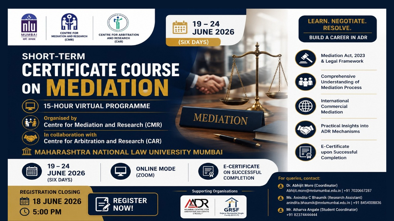 [Advertisement] MNLU Mumbai Announces 15-Hour Online Certificate Course On Mediation; Registrations Open Till June 18