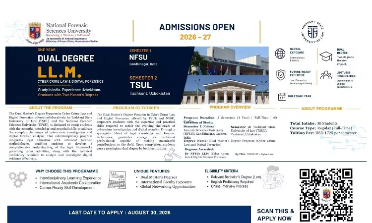 NFSU–TSUL Invite Applications For Dual Degree LL.M In Cyber Crime Law & Digital Forensics (2026–27)