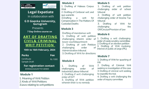 Legal Expatiate:7 Day Online Course On Art Of Drafting Civil And Criminal Writ Petitions [10th to 16th Feb]