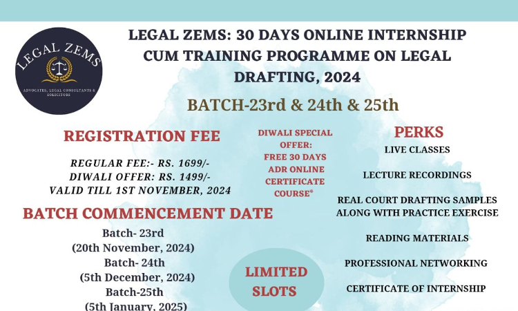 [Advt.] Legal Zems: 30 Days Online Internship Cum Training Programme On Legal Drafting, 2024